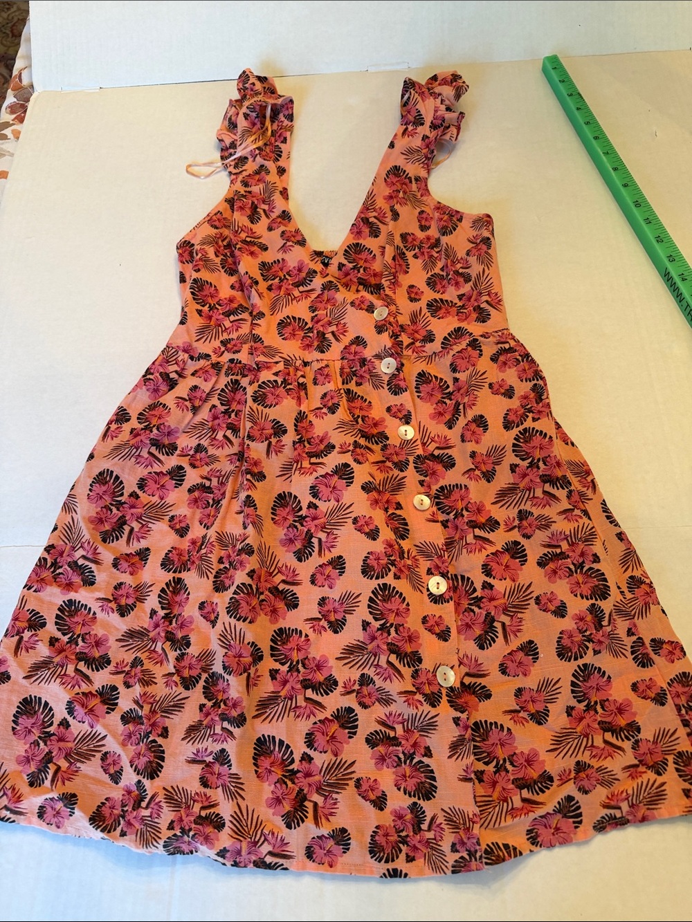 Zara orange, pink flowers ,palm leaf Mini Dress w/Buttons down side front Small